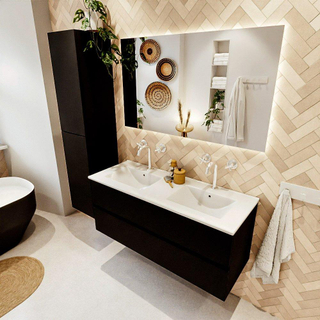 MONDIAZ VICA meuble sous lavabo 120cm Urban 2 tiroirs. Lavabo DENIA double 2 trous de robinet, couleur Blanc Brillant.