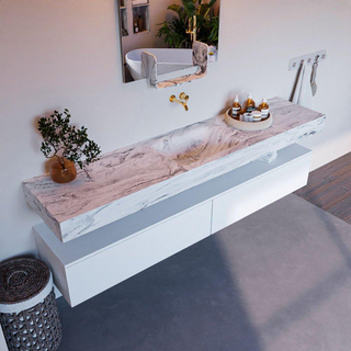 Mondiaz ALAN-DLUX Ensemble de meuble - 200cm - meuble Talc mat - 2 tiroirs - Lavabo Cloud Glace suspendu - vasque Centre - 0 trous de robinet