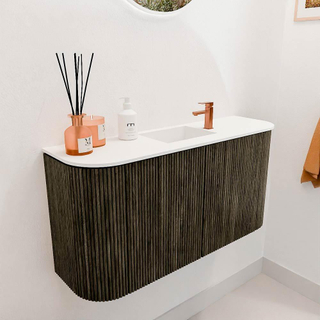 Mondiaz JOYA Meuble de toilette 83,2cm - arrondis gauche et droite couleur Shadow - Lavabo FAYE position Milieu 1 trou de robinet couleur Talc