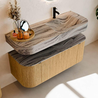 MONDIAZ THOR-DLUX 120cm meuble de salle de bains arrondi gauche + droite couleur Oak avec 1 tiroir et 2 portes. Vasque suspendue CLOUD Droite 1 trou de robinet couleur Sombra.