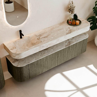 MONDIAZ THOR-DLUX Meuble de salle de bains 190cm arrondi gauche + droite couleur Shadow avec 2 tiroirs et 2 portes. Vasque suspendue CLOUD Gauche 1 trou de robinet couleur Frappe.