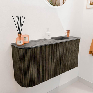 Mondiaz JOYA-DLUX Meuble de toilette 81,6cm - arrondi gauche couleur Shadow - Vasque FAYE position Droite 1 trou de robinet couleur Sombra.