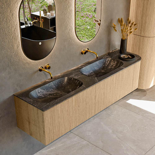 MONDIAZ KURVE-DLUX 175cm Meuble salle de bain avec module 25 D - couleur Oak - 2 tiroirs - 1 porte - vasque STOR SMALL double / gauche - sans trou de robinet - couleur Lava