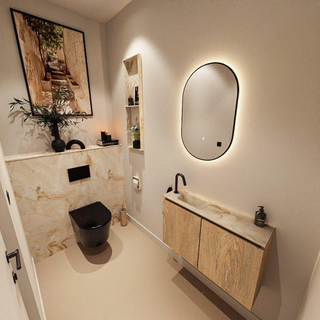 MONDIAZ TURE-DLUX Meuble toilette - 80cm - Washed Oak - EDEN - vasque Frappe - position gauche - 1 trou de robinet
