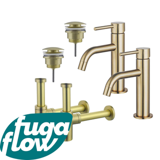 FugaFlow Eccelente Sobrado Badkamer Slim Wastafelkraanset - voor dubbele wastafel - lage wastafelkraan - klikwaste plug - design sifon - PVD Geborsteld Messing