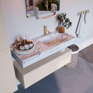 Mondiaz ALAN-DLUX Ensemble de meuble - 110cm - meuble Linen mat - 1 tiroir - Lavabo Cloud Glace suspendu - vasque Droite - 1 trou de robinet