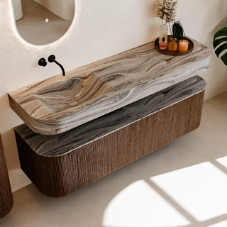 MONDIAZ THOR-DLUX 160cm meuble de salle de bains arrondi gauche + droite couleur Walnut avec 1 tiroir et 2 portes. Vasque suspendue CLOUD Gauche sans trou de robinet couleur Sombra.