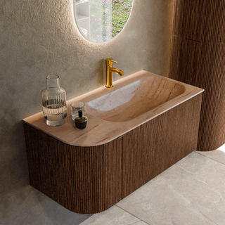 MONDIAZ KURVE-DLUX 95cm badmeubel ronding Links kleur Walnut met 1 lade en 1 deur. Wastafel BIG SMALL Rechts 1 kraangat Saba.