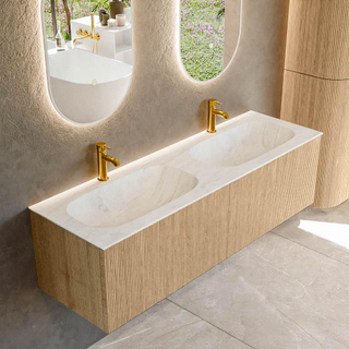 MONDIAZ KURVE-DLUX 150cm Meuble salle de bain - couleur Oak - 2 tiroirs - vasque STOR SMALL double - 2 trous de robinet - couleur Opalo