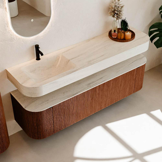 MONDIAZ THOR-DLUX Meuble de salle de bains - 170cm - arrondi gauche + droite - couleur Ruby - 1 tiroir et 2 portes - Vasque suspendue CLOUD Gauche 1 trou de robinet - couleur Meli