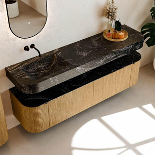 MONDIAZ THOR-DLUX 180cm meuble de salle de bains arrondi gauche + droite couleur Chêne avec 2 tiroirs et 2 portes. Vasque suspendue CLOUD Gauche sans trou de robinet couleur Lava.