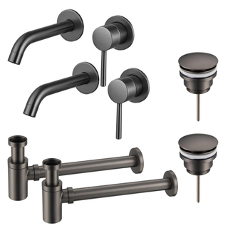 FugaFlow Eccelente Sobrado Slim Kit robinet lavabo - pour double vasque - robinet rehaussé - bonde clic clac - siphon design bas - Gunmetal PVD