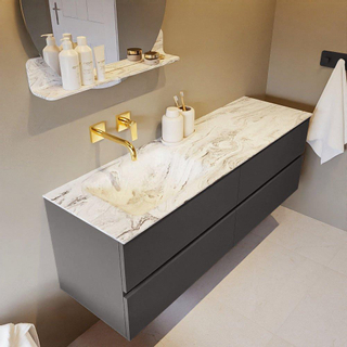 Mondiaz VICA-DLUX ensemble de meuble de salle de bain - 150cm - meuble sous-vasque gris foncé - 4 tiroirs - lavabo encastré cloud gauche - sans trous de robinet - version haute de 60cm - glace