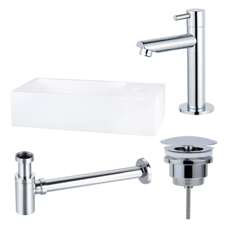 FortiFura Fuente Pack Lave-mains - 36x18.5x9cm - 1 trou de robinet - solid surface - robinet Chrome - Blanc