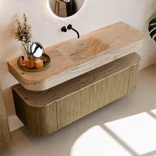 MONDIAZ THOR-DLUX 150cm meuble de salle de bains arrondi gauche + droite couleur Dusk avec 1 tiroir et 2 portes. Vasque suspendue CLOUD centrale sans trou de robinet couleur Arena.