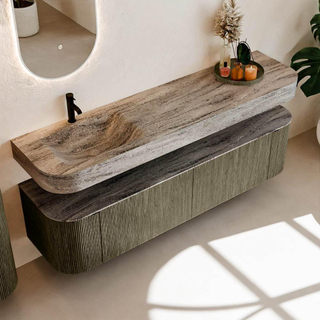 MONDIAZ THOR-DLUX 180cm meuble de salle de bains arrondi gauche + droite couleur Shadow avec 2 tiroirs et 2 portes. Vasque suspendue CLOUD Gauche 1 trou de robinet couleur Oza.