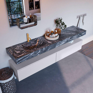 Mondiaz ALAN-DLUX Ensemble de meuble - 200cm - meuble Cale mat - 2 tiroirs - Lavabo Cloud Lava suspendu - vasque Gauche - 1 trou de robinet