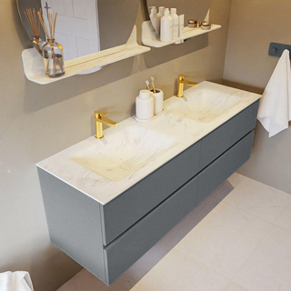 Mondiaz VICA-DLUX Ensemble de meuble de salle de bain - 150cm - meuble sous-vasque plata - 4 tiroirs - lavabo encastrée cloud double - 2 trous de robinet - version haute de 60cm - opalo