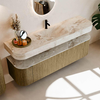 MONDIAZ THOR-DLUX 170cm meuble de salle de bains arrondi gauche + droite couleur Dusk avec 1 tiroir et 2 portes. Vasque suspendue CLOUD Milieu 1 trou de robinet couleur Frappe.