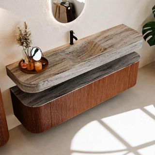 MONDIAZ THOR-DLUX 170cm meuble de salle de bains arrondi gauche + droite couleur Ruby avec 1 tiroir et 2 portes. Vasque suspendue CLOUD Milieu 1 trou de robinet couleur Oza.