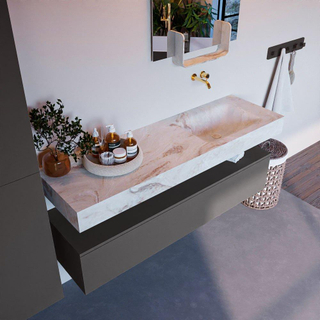 Mondiaz ALAN-DLUX Ensemble de meuble - 150cm - meuble Dark grey mat - 1 tiroir - Lavabo Cloud Frappe suspendu - vasque Droite - 0 trous de robinet