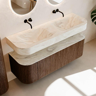 MONDIAZ THOR-DLUX Meuble de salle de bains 140cm arrondi gauche + droite couleur Walnut avec 1 tiroir et 2 portes. Vasque suspendue CLOUD Double sans trou de robinet couleur Ostra.