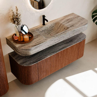 MONDIAZ THOR-DLUX 140cm meuble de salle de bains arrondi gauche + droite couleur Ruby avec 1 tiroir et 2 portes. Vasque suspendue CLOUD Milieu 1 trou de robinet couleur Oza.