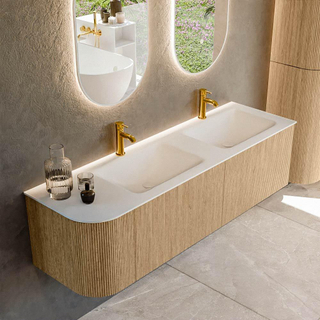 MONDIAZ KURVE 155cm Meuble salle de bain avec module 25 G - couleur Oak - 2 tiroirs - 1 porte - vasque CLOUD double / droite - 2 trous de robinet - Talc