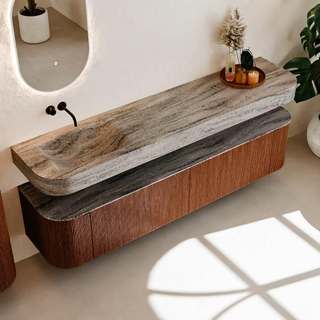 MONDIAZ THOR-DLUX 200cm meuble de salle de bains arrondi gauche + droite couleur Ruby avec 2 tiroirs et 2 portes. Vasque suspendue CLOUD Gauche sans trou de robinet couleur Oza.