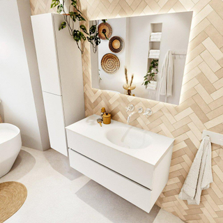 MONDIAZ VICA 100cm meuble sous lavabo Talc 2 tiroirs. Lavabo MOON droit sans trou de robinet, couleur Talc.