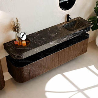 MONDIAZ THOR-DLUX Meuble de salle de bains - 190cm - arrondi gauche + droite - couleur Walnut - 2 tiroirs et 2 portes - Vasque suspendue CLOUD droite 1 trou de robinet - couleur Lava