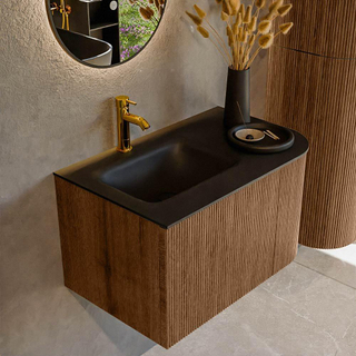 MONDIAZ KURVE 75cm Meuble salle de bain avec module 25 D - couleur Walnut - 1 tiroir - 1 porte - vasque GRUNNE gauche - 1 trou de robinet - Urban