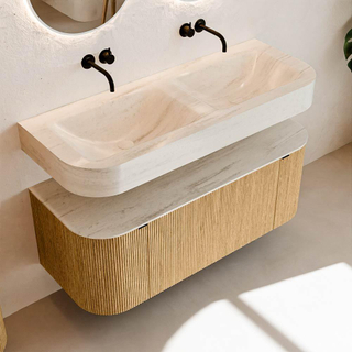 MONDIAZ THOR-DLUX 120cm meuble de salle de bains arrondi gauche + droite couleur Chêne avec 1 tiroir et 2 portes. Vasque suspendue CLOUD Double sans trou de robinet couleur Meli.