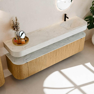 MONDIAZ THOR-DLUX Meuble de salle de bains 190cm arrondi gauche + droite couleur Oak avec 2 tiroirs et 2 portes. Vasque suspendue CLOUD Droite 1 trou de robinet couleur Opalo.