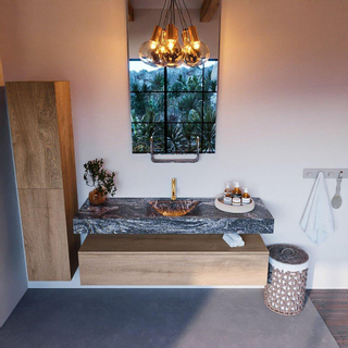 Mondiaz ALAN-DLUX Ensemble de meuble - 150cm - meuble Washed Oak mat - 1 tiroir - Lavabo Cloud Lava suspendu - vasque Centre - 1 trou de robinet