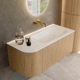 MONDIAZ KURVE-DLUX 105cm Meuble salle de bain avec module 25 G - couleur Oak - 1 tiroir - 1 porte - vasque BIG SMALL droite - sans trou de robinet - couleur Ostra