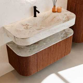 MONDIAZ THOR-DLUX 110cm meuble de salle de bains arrondi gauche + droite couleur Ruby avec 1 tiroir et 2 portes. Vasque suspendue CLOUD Milieu 1 trou de robinet couleur Frappe.