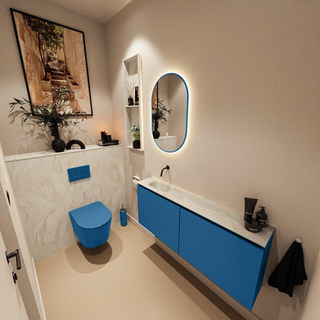 MONDIAZ TURE-DLUX Meuble toilette - 120cm - Jeans - EDEN - vasque Ostra - position gauche - sans trou de robinet