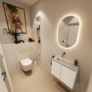 MONDIAZ TURE-DLUX Meuble toilette - 60cm - Talc - EDEN - vasque Ostra - position gauche - sans trou de robinet