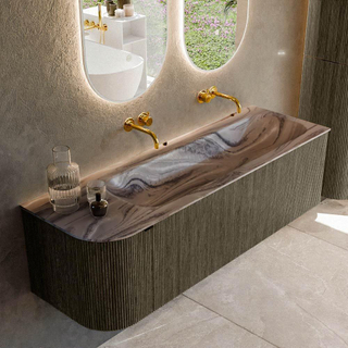 MONDIAZ KURVE-DLUX 145cm badmeubel ronding Links kleur Shadow met 1 lade en 1 deur. Wastafel BIG LARGE Rechts zonder kraangat Sombra.