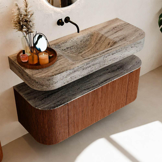 MONDIAZ THOR-DLUX 120cm meuble de salle de bains arrondi gauche + droite couleur Ruby avec 1 tiroir et 2 portes. Vasque suspendue CLOUD Milieu sans trou de robinet couleur Oza.