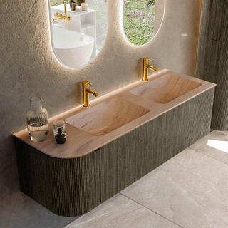 MONDIAZ KURVE-DLUX 145cm badmeubel ronding Links kleur Shadow met 1 lade en 1 deur. Wastafel LEAF Dubbel / Rechts 2 kraangaten Saba.