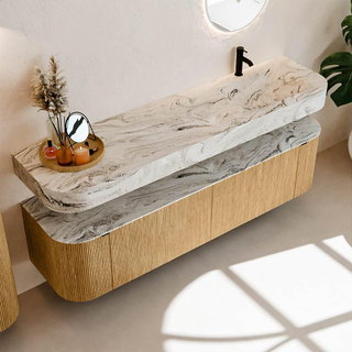 MONDIAZ THOR-DLUX 180cm meuble de salle de bains arrondi gauche + droite couleur Oak avec 2 tiroirs et 2 portes. Vasque suspendue CLOUD Droite 1 trou de robinet couleur Glace.