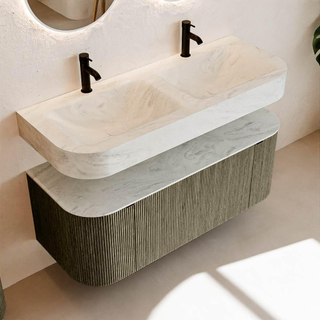 MONDIAZ THOR-DLUX 120cm meuble de salle de bains arrondi gauche + droite couleur Shadow avec 1 tiroir et 2 portes. Vasque suspendue CLOUD Double 2 trous de robinet couleur Opalo.