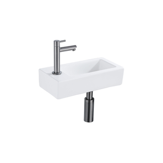 QeramiQ Fuente Fonteinset - 37.5x18.5x9cm - keramiek - kraangat links - fonteinkraan gunmetal - afvoerplug - verlaagd sifon - Mat wit
