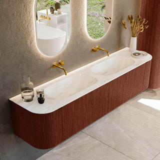 Mondiaz KURVE-DLUX Ensemble de meuble salle de bain - 190x46x40cm - 2 tiroirs - 2 portes - lavabo en solid surface - double - sans trou de robinet - Ruby