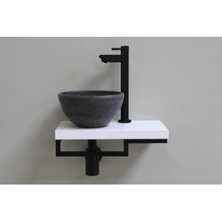 Proline fonteinset compleet met keramieken waskom hardsteen links, mat wit blad, kraan, sifon en afvoerplug mat zwart
