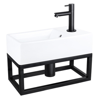 Differnz Force Set lave-mains 40x22x8cm 1 trou avec robinet droit et siphon + bonde noir mat Rectangulaire Céramique Blanc