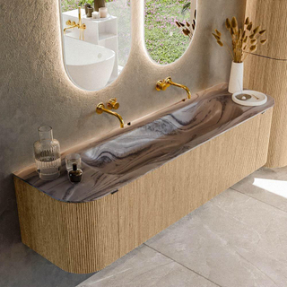 MONDIAZ KURVE-DLUX 170cm badmeubel ronding Links + Rechts kleur Oak met 1 lade en 2 deuren. Wastafel BIG LARGE Midden zonder kraangat Sombra.