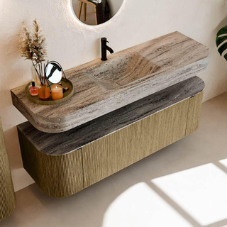 MONDIAZ THOR-DLUX 150cm meuble de salle de bains arrondi gauche + droite couleur Dusk avec 1 tiroir et 2 portes. Vasque suspendue CLOUD Milieu 1 trou de robinet couleur Oza.